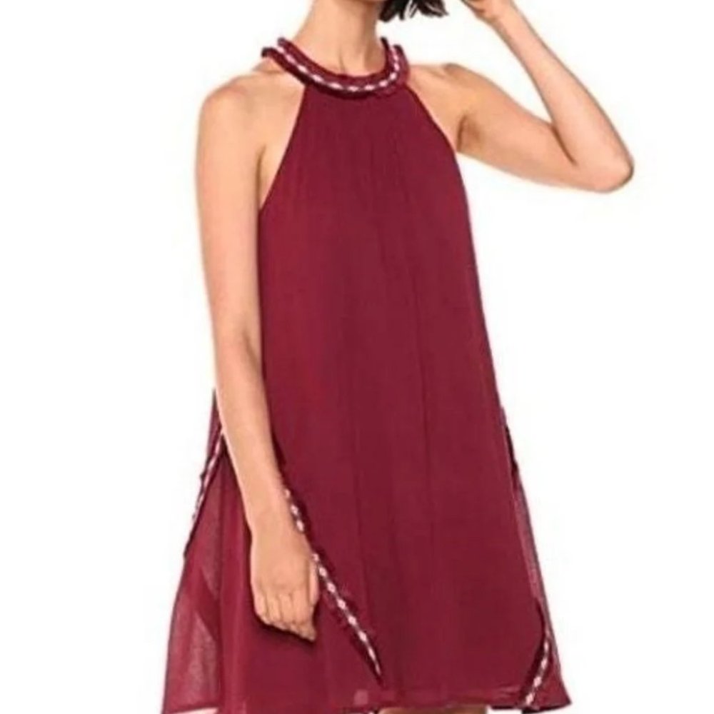 NWT Anthro Moon River Burgundy Halter Fringe Trim Dress